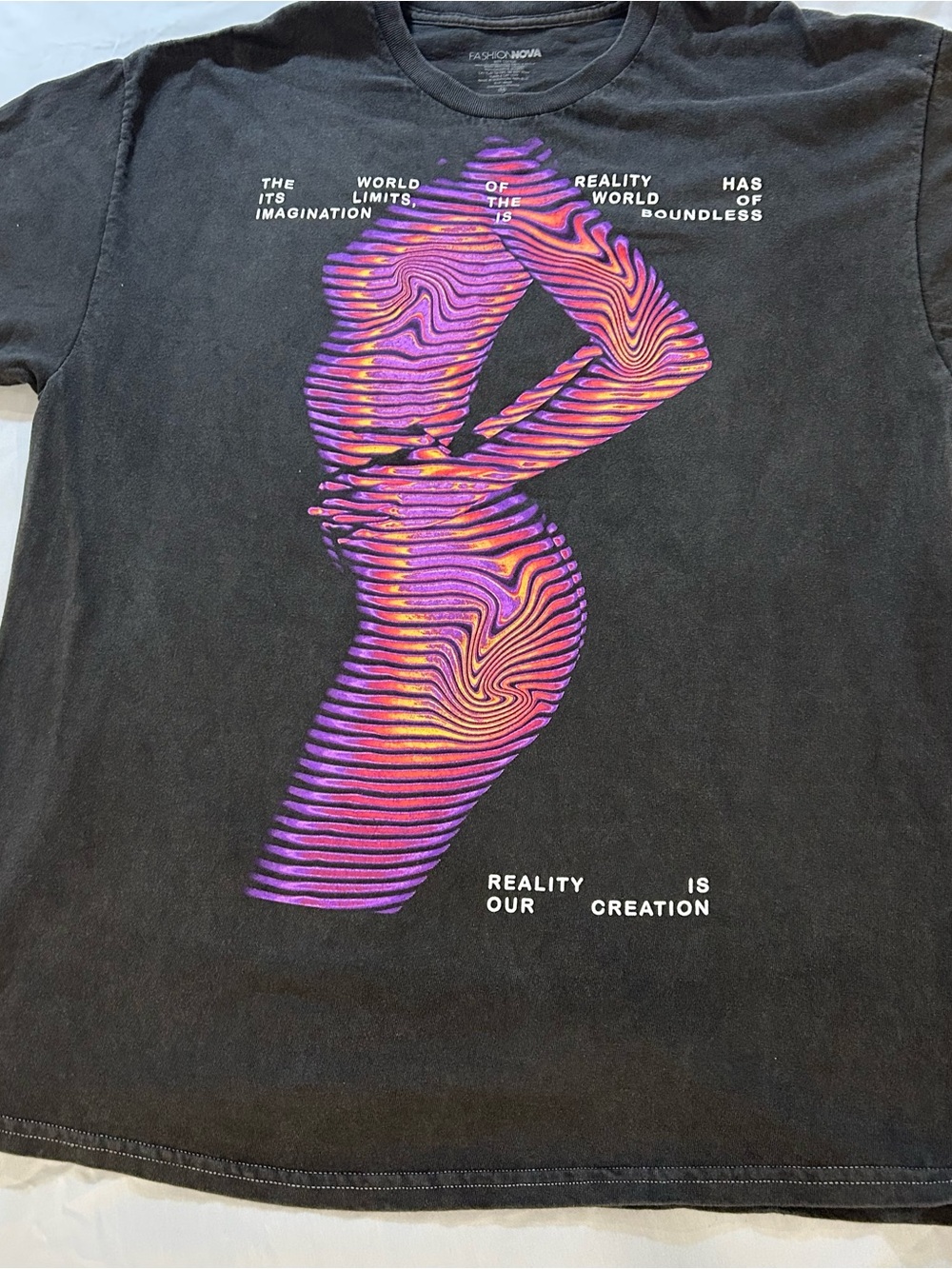 Fashion Nova Black Tee with Purple & Orange Illusion Graphic